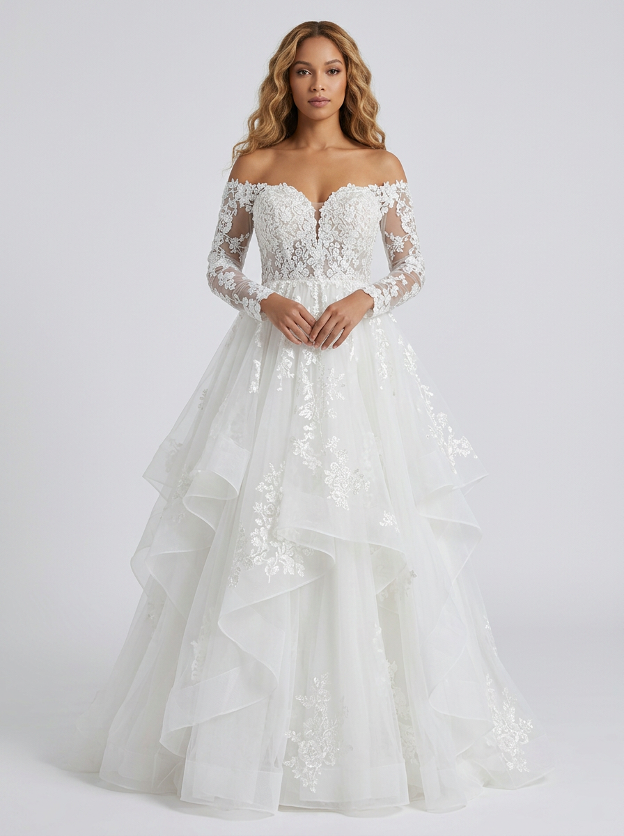 Elegant Off-the-Shoulder Lace Long Sleeve Tiered A-Line Wedding Dress with Chapel Train