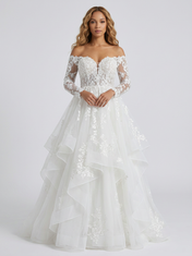 Elegant Off-the-Shoulder Lace Long Sleeve Tiered A-Line Wedding Dress with Chapel Train