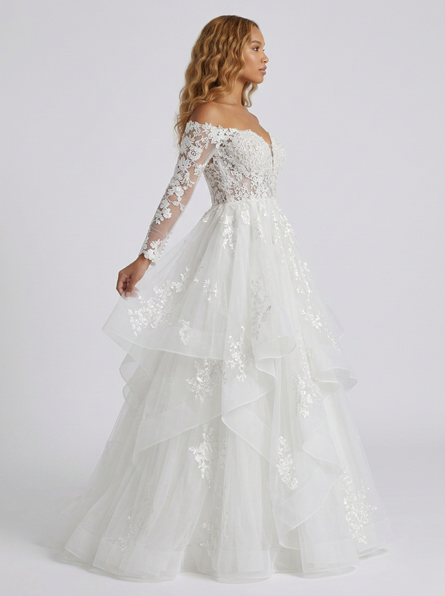 Elegant Off-the-Shoulder Lace Long Sleeve Tiered A-Line Wedding Dress with Chapel Train