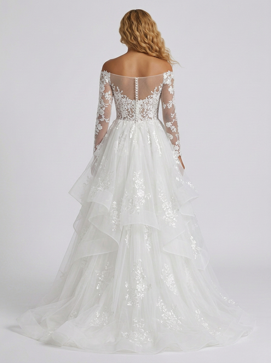 Elegant Off-the-Shoulder Lace Long Sleeve Tiered A-Line Wedding Dress with Chapel Train