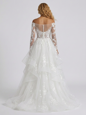 Elegant Off-the-Shoulder Lace Long Sleeve Tiered A-Line Wedding Dress with Chapel Train