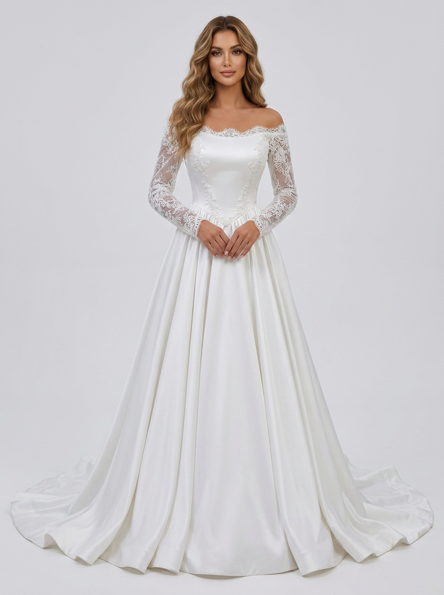 Elegant Off-the-Shoulder Lace Long Sleeve Satin A-Line Wedding Dress with Chapel Train
