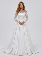Elegant Off-the-Shoulder Lace Long Sleeve Satin A-Line Wedding Dress with Chapel Train