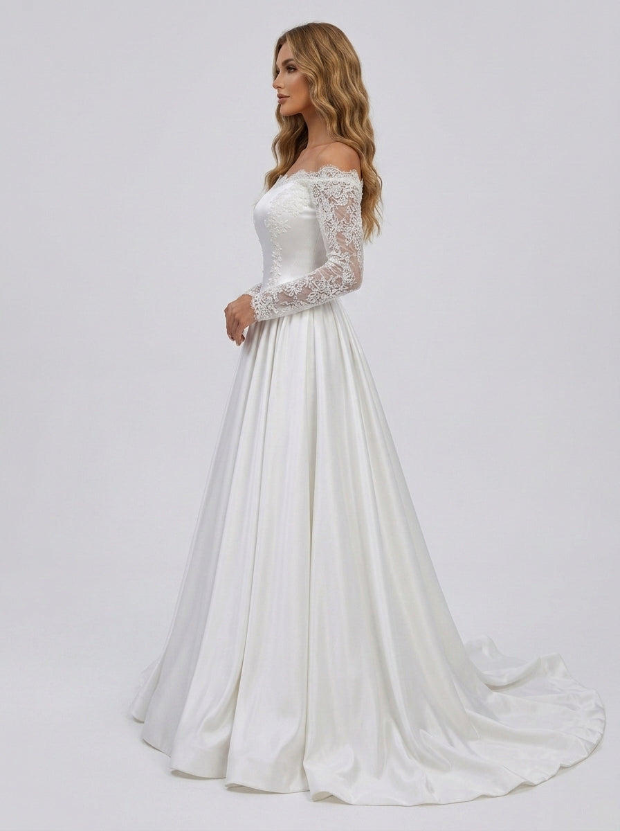 Elegant Off-the-Shoulder Lace Long Sleeve Satin A-Line Wedding Dress with Chapel Train