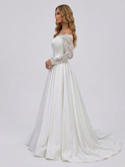 Elegant Off-the-Shoulder Lace Long Sleeve Satin A-Line Wedding Dress with Chapel Train