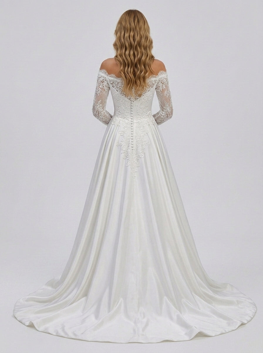 Elegant Off-the-Shoulder Lace Long Sleeve Satin A-Line Wedding Dress with Chapel Train
