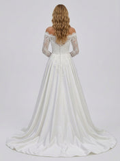 Elegant Off-the-Shoulder Lace Long Sleeve Satin A-Line Wedding Dress with Chapel Train