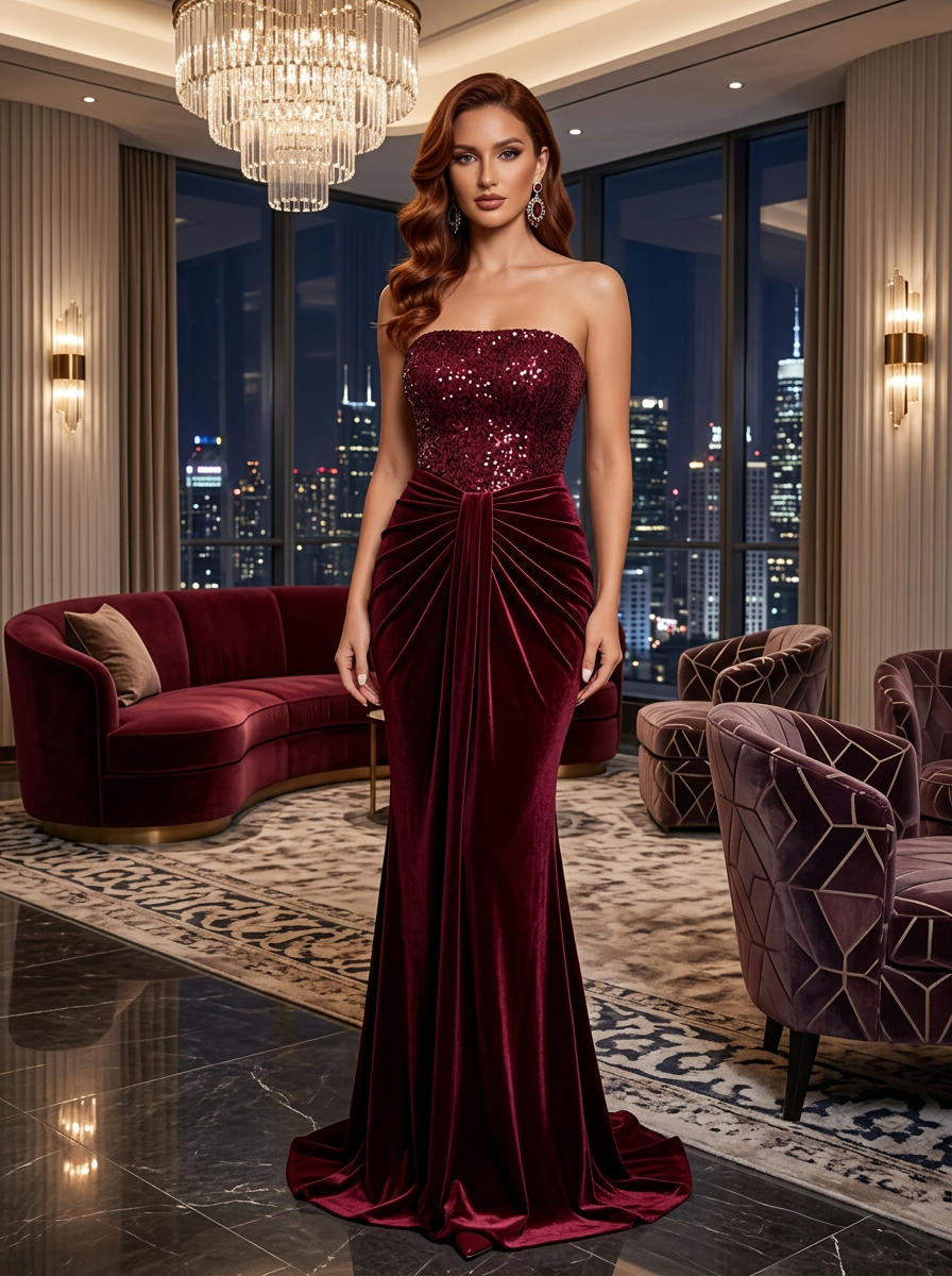 Burgundy Strapless Sequin Velvet Mermaid Floor-Length Gown Dress