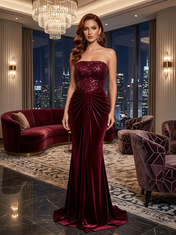 Burgundy Strapless Sequin Velvet Mermaid Floor-Length Gown Dress