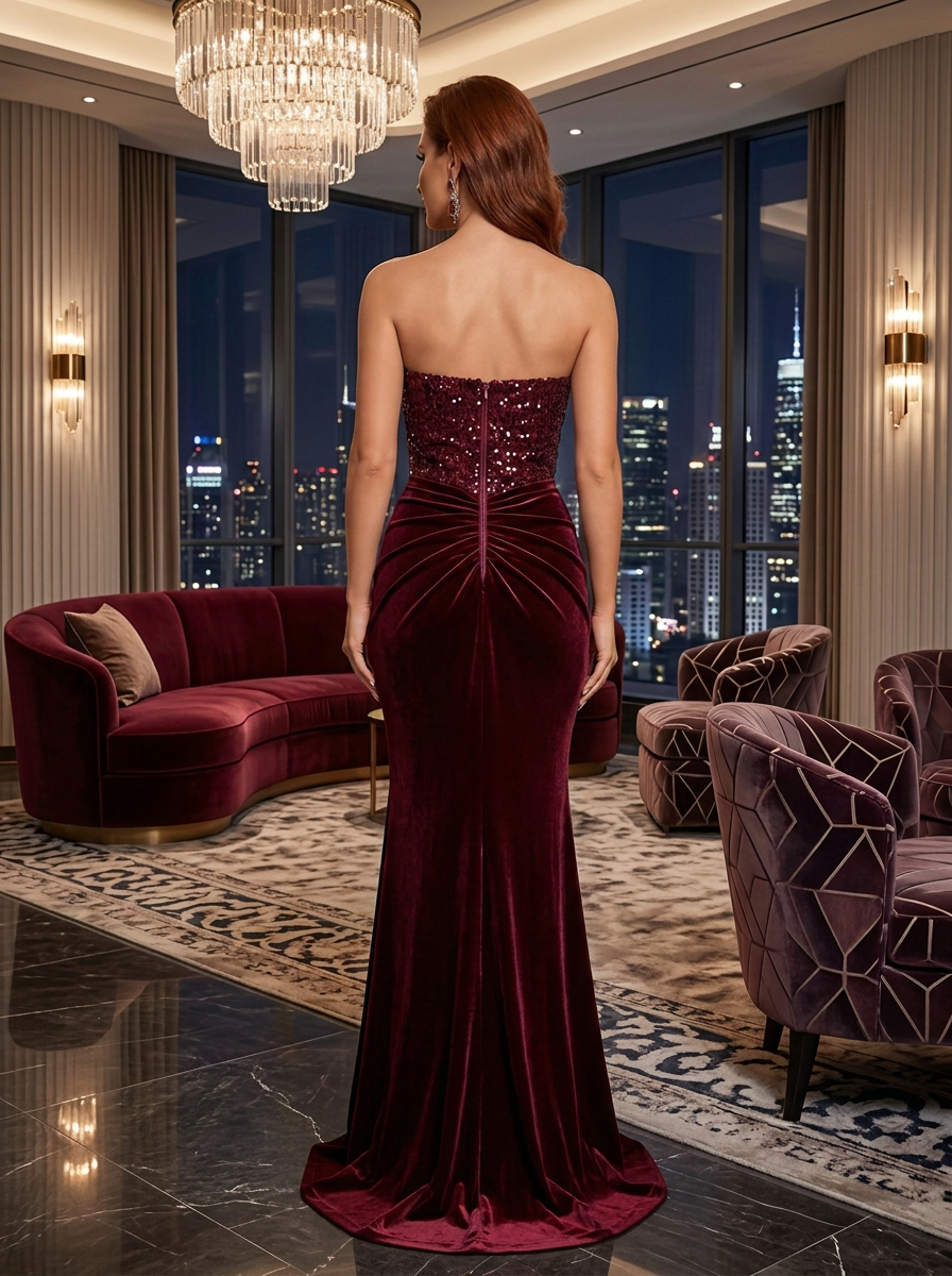 Burgundy Strapless Sequin Velvet Mermaid Floor-Length Gown Dress