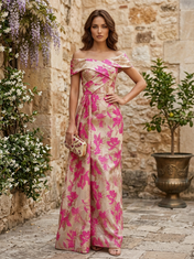 Hot Pink and Gold Brocade Off-the-Shoulder Floor-Length Gown Dress