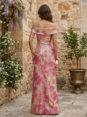 Hot Pink and Gold Brocade Off-the-Shoulder Floor-Length Gown Dress