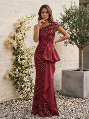 Burgundy One-Shoulder Sequin Satin Bow Floor-Length Gown Dress