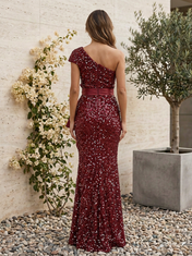Burgundy One-Shoulder Sequin Satin Bow Floor-Length Gown Dress