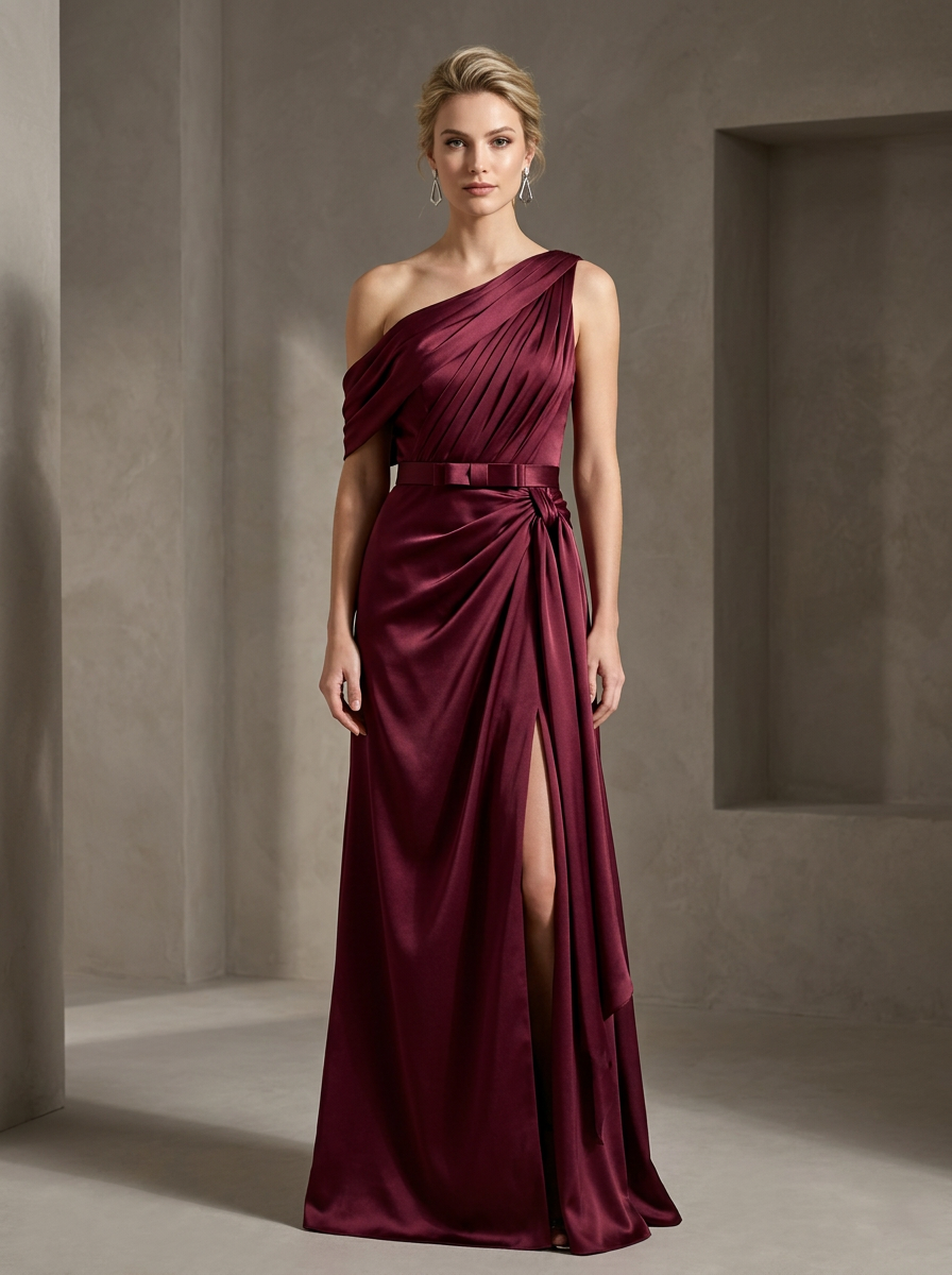 Burgundy Pleated One-Shoulder High-Slit Floor-Length Evening Dress