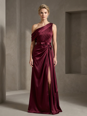 Burgundy Pleated One-Shoulder High-Slit Floor-Length Evening Dress