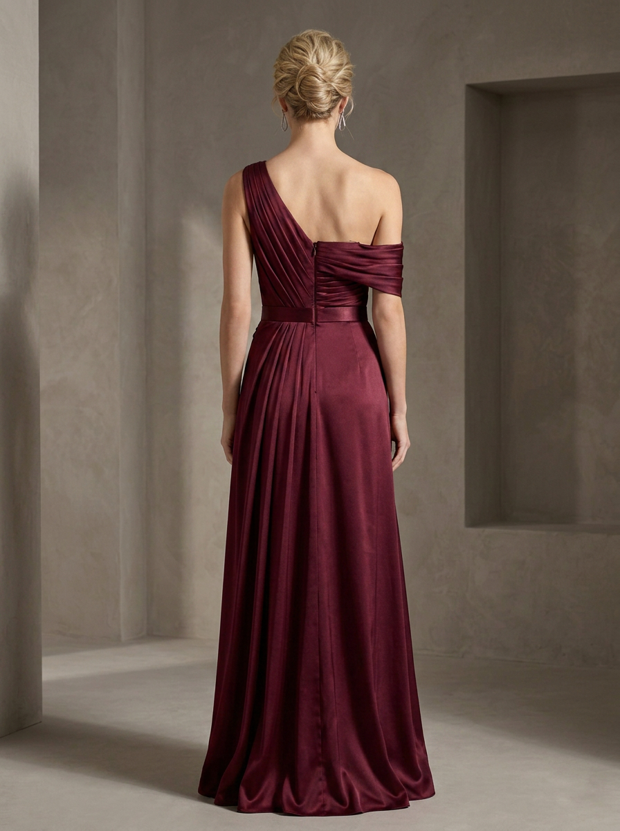 Burgundy Pleated One-Shoulder High-Slit Floor-Length Evening Dress