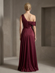 Burgundy Pleated One-Shoulder High-Slit Floor-Length Evening Dress