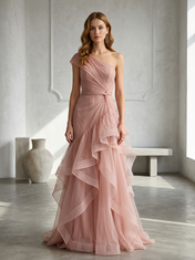 Dusty Pink Tulle One-Shoulder Floor-Length Gown Dress