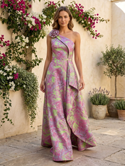 Pink and Lime Green Metallic Brocade One-Shoulder A-Line Gown Dress