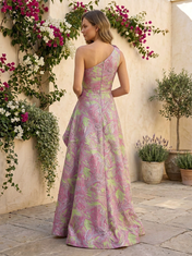 Pink and Lime Green Metallic Brocade One-Shoulder A-Line Gown Dress