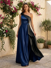 Black and Pink Contrast One-Shoulder Floor-Length Gown Dress
