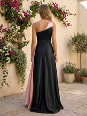 Black and Pink Contrast One-Shoulder Floor-Length Gown Dress
