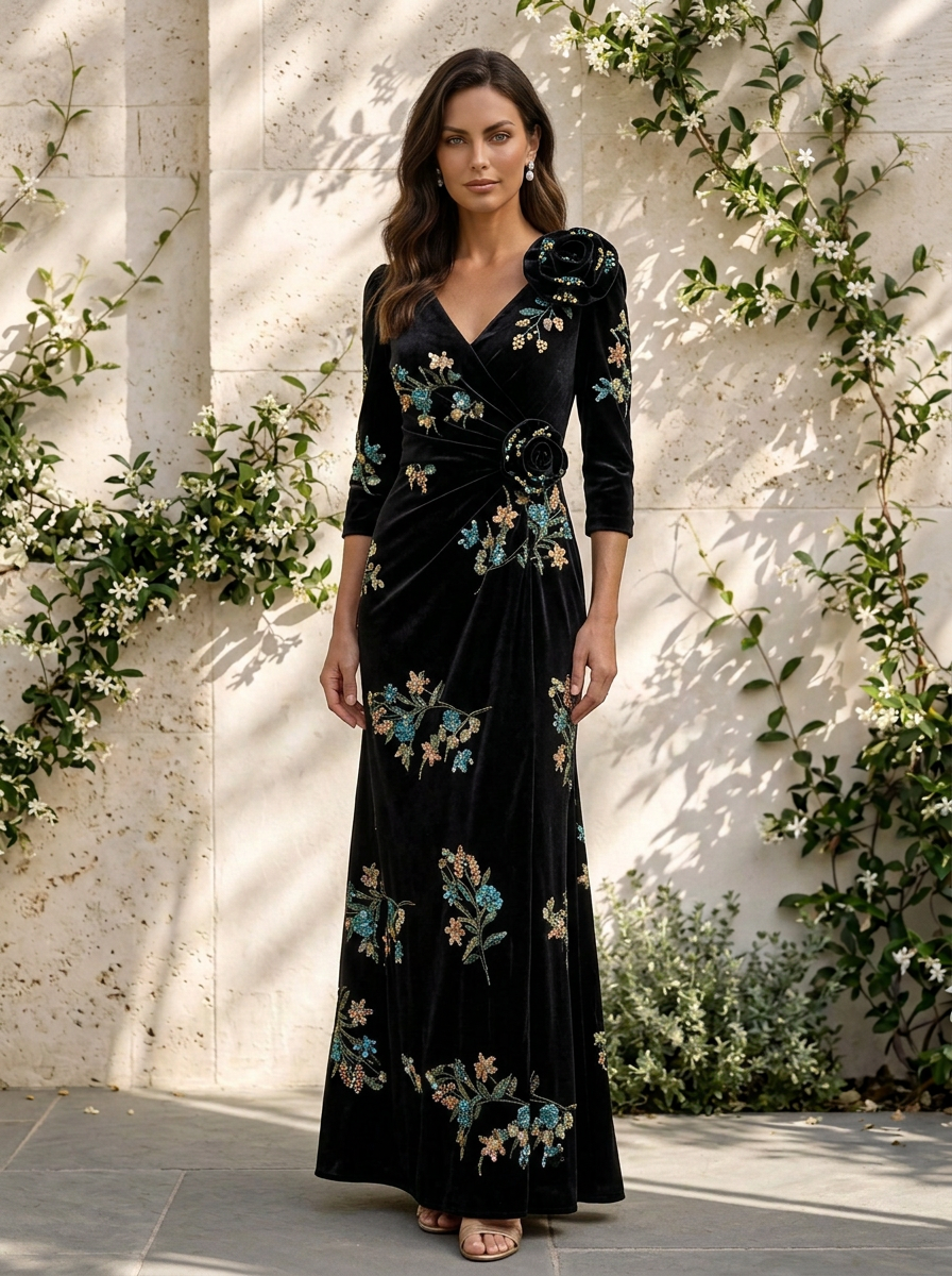 Black Embroidered Floral Velvet V-Neck Floor-Length Gown Dress