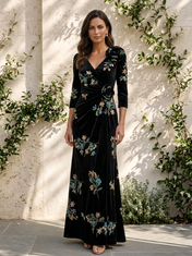 Black Embroidered Floral Velvet V-Neck Floor-Length Gown Dress