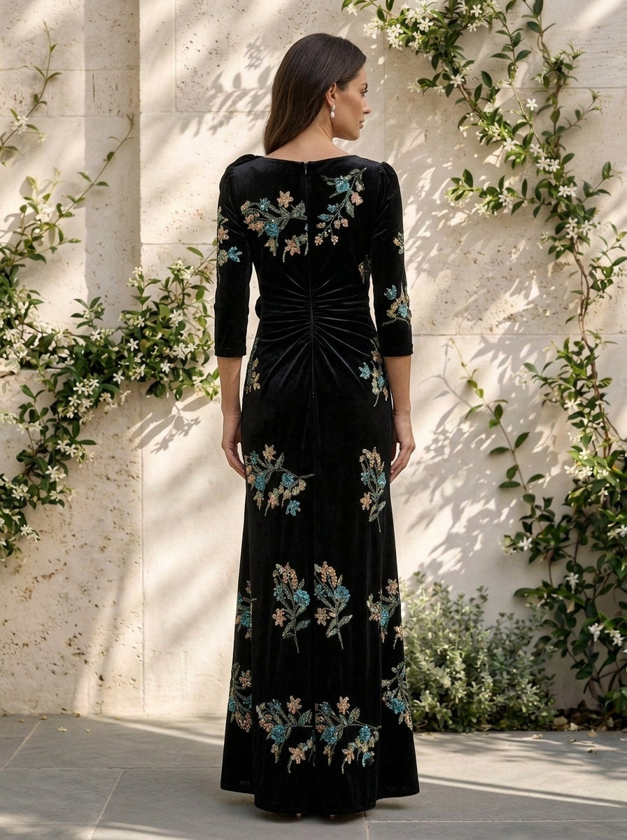 Black Embroidered Floral Velvet V-Neck Floor-Length Gown Dress