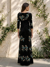 Black Embroidered Floral Velvet V-Neck Floor-Length Gown Dress