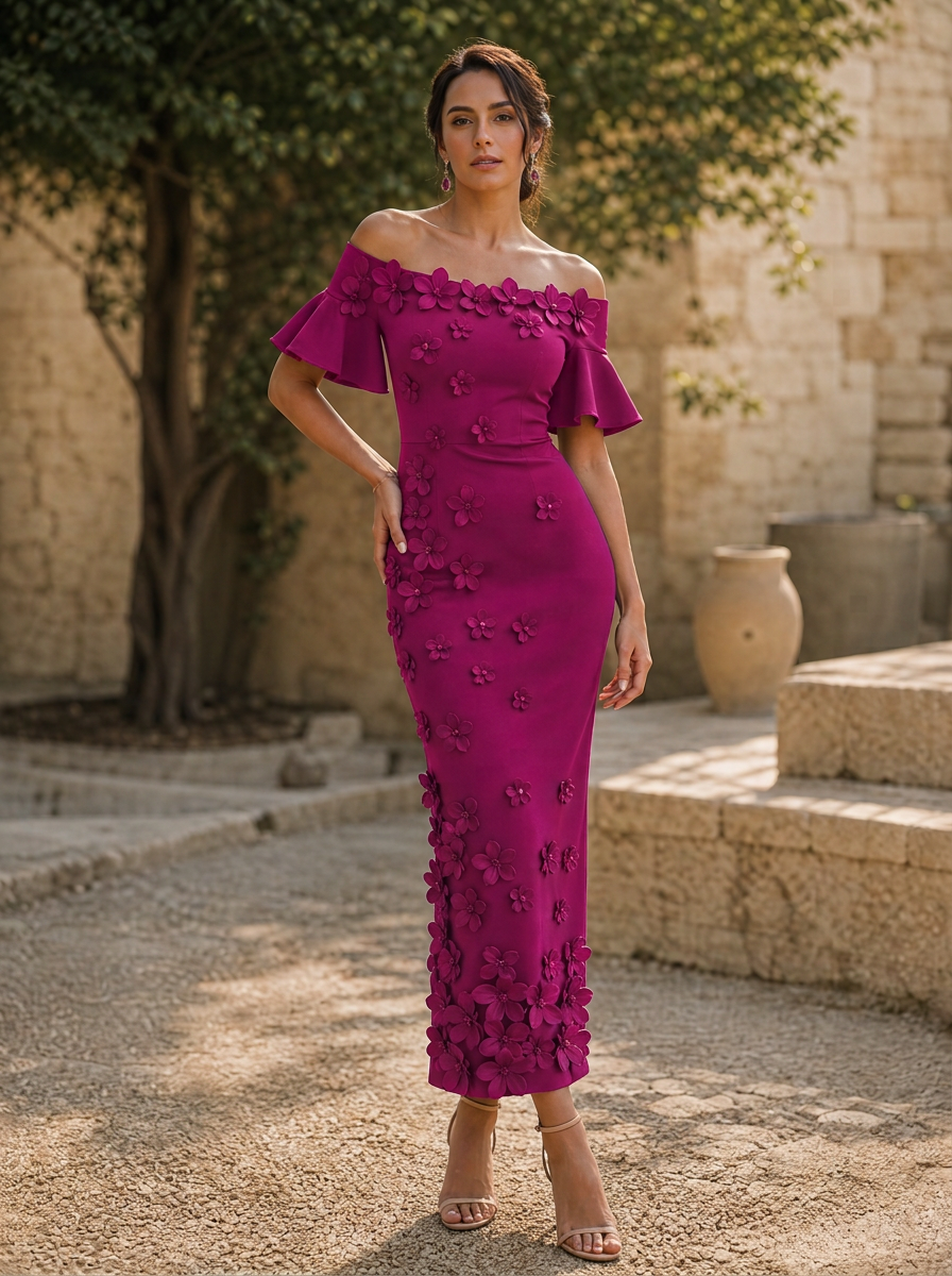 Black 3D Floral Off-The-Shoulder Ankle-Length Gown Dress