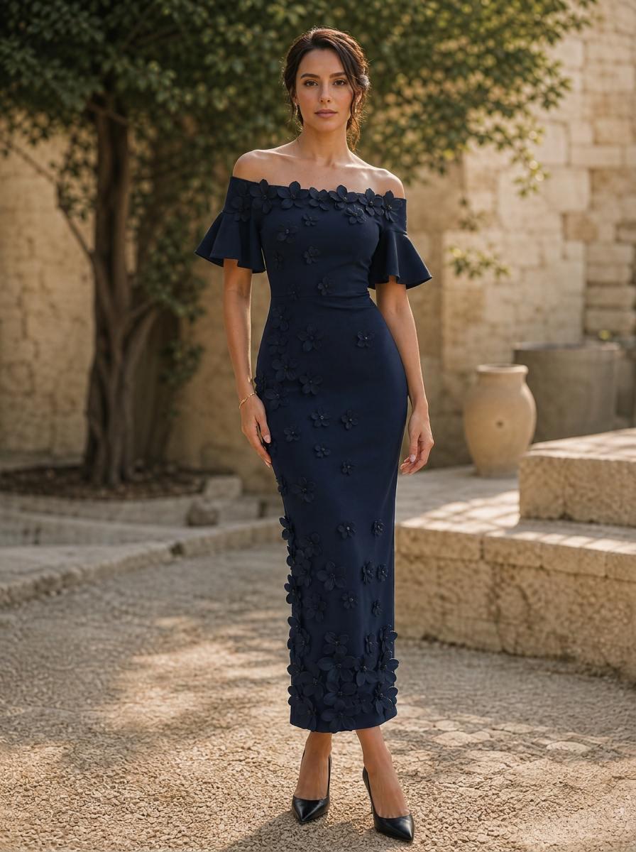 Black 3D Floral Off-The-Shoulder Ankle-Length Gown Dress