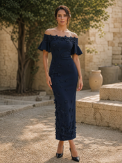 Black 3D Floral Off-The-Shoulder Ankle-Length Gown Dress