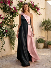 Black and Pink Contrast One-Shoulder Floor-Length Gown Dress