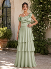 Sage Green One-Shoulder Rose Embellished Tiered Ruffle A-Line Floor-Length Gown Dress