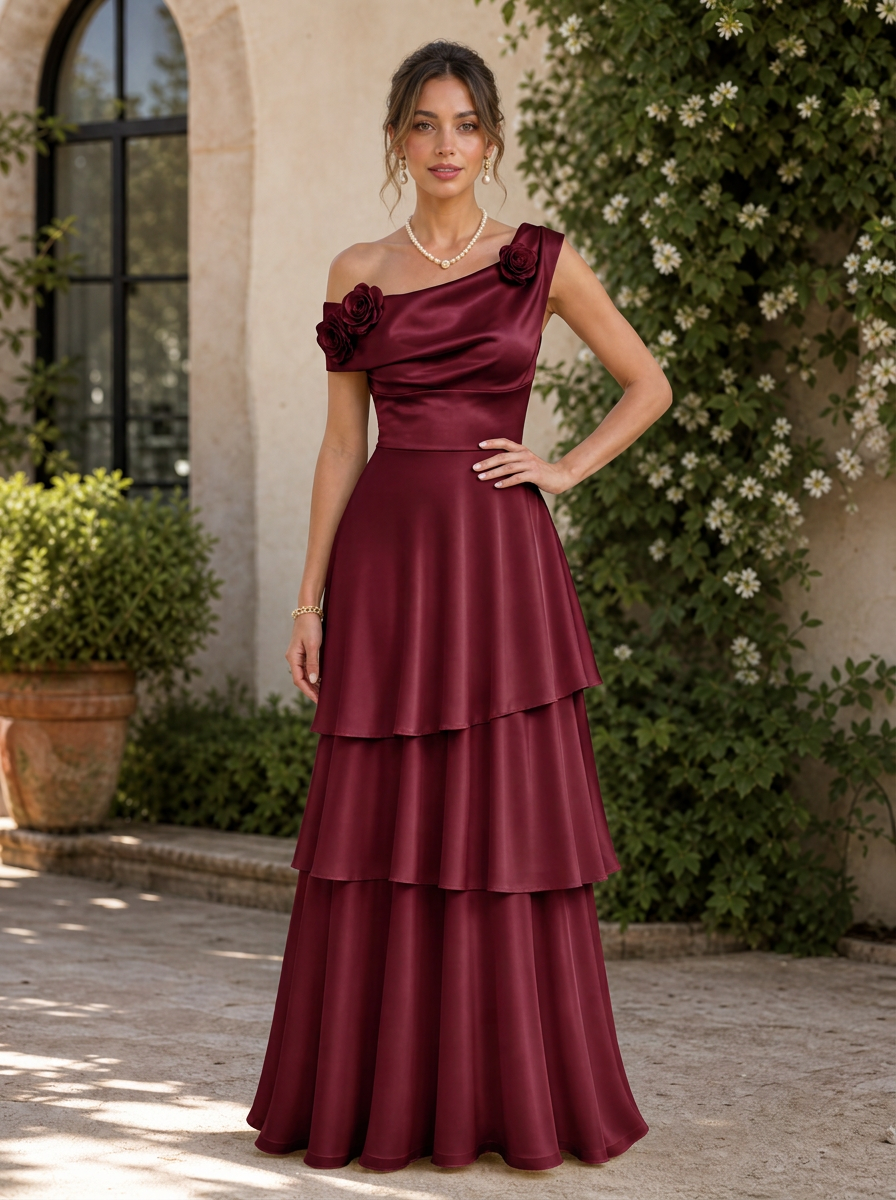Sage Green One-Shoulder Rose Embellished Tiered Ruffle A-Line Floor-Length Gown Dress