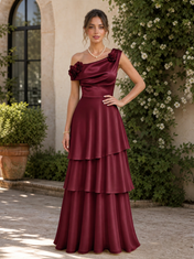 Sage Green One-Shoulder Rose Embellished Tiered Ruffle A-Line Floor-Length Gown Dress