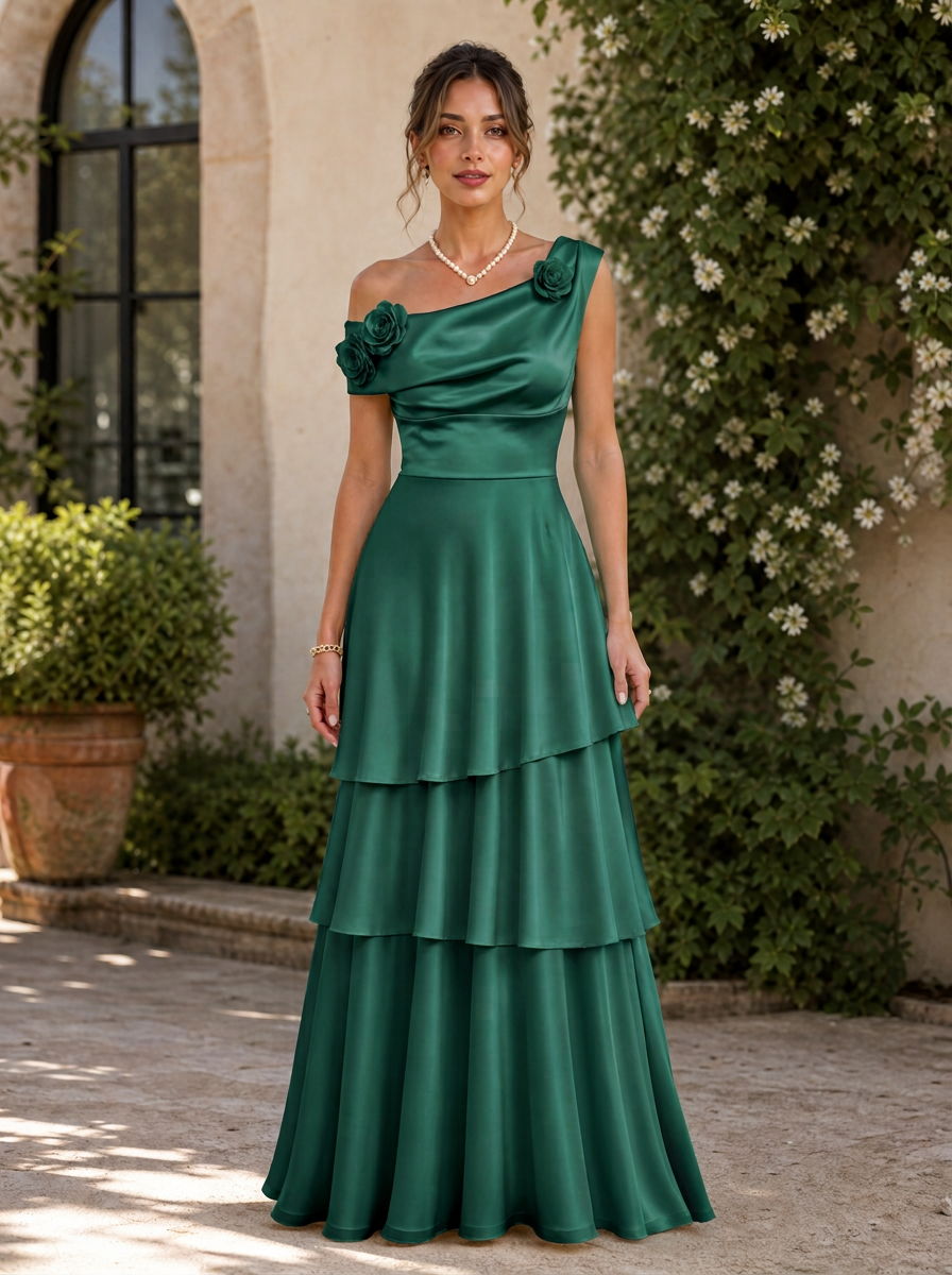 Sage Green One-Shoulder Rose Embellished Tiered Ruffle A-Line Floor-Length Gown Dress