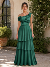 Sage Green One-Shoulder Rose Embellished Tiered Ruffle A-Line Floor-Length Gown Dress
