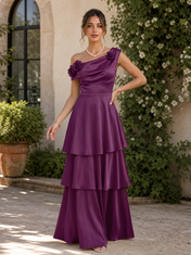 Sage Green One-Shoulder Rose Embellished Tiered Ruffle A-Line Floor-Length Gown Dress