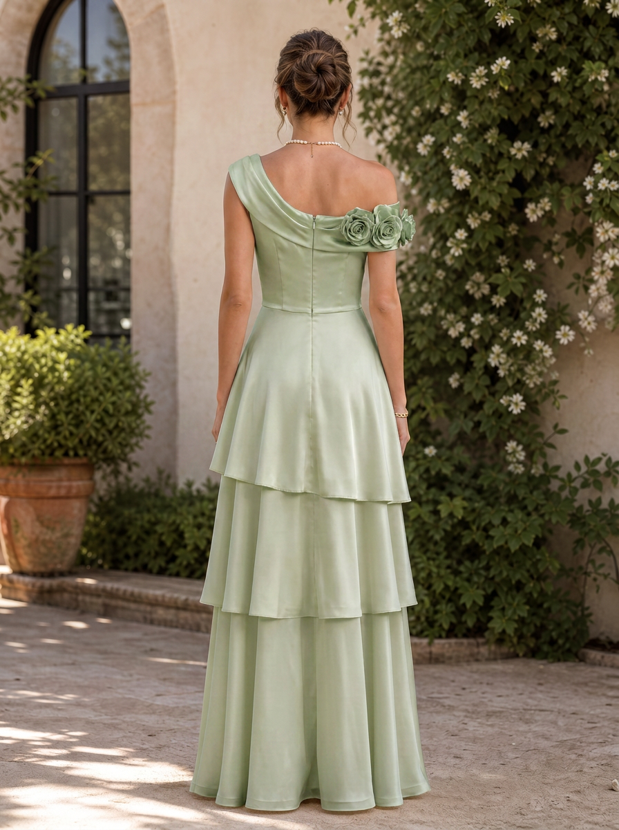 Sage Green One-Shoulder Rose Embellished Tiered Ruffle A-Line Floor-Length Gown Dress