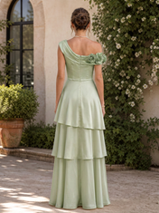Sage Green One-Shoulder Rose Embellished Tiered Ruffle A-Line Floor-Length Gown Dress