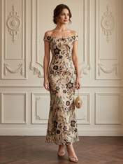 Champagne Off-The-Shoulder Floral Embroidered Sheath Floor-Length Gown Dress