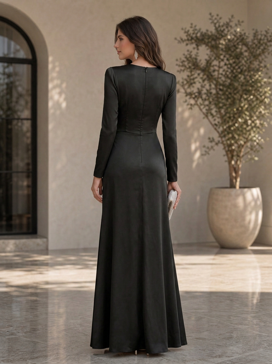 Black Sequined Zebra Panel Long Sleeve Draped Split Sheath Floor-Length Gown Dress