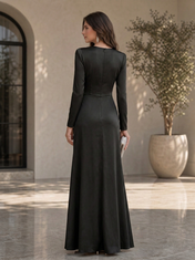 Black Sequined Zebra Panel Long Sleeve Draped Split Sheath Floor-Length Gown Dress
