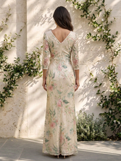 Floral Sequined 3D Flower V-Neck Half Sleeve Ruched Sheath Floor-Length Gown Dress