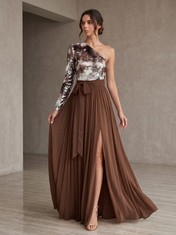 Brown One-Shoulder Long Sleeve Sequined Pleated Split A-Line Floor-Length Gown Dress