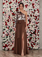 Brown One-Shoulder Long Sleeve Sequined Pleated Split A-Line Floor-Length Gown Dress