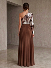 Brown One-Shoulder Long Sleeve Sequined Pleated Split A-Line Floor-Length Gown Dress